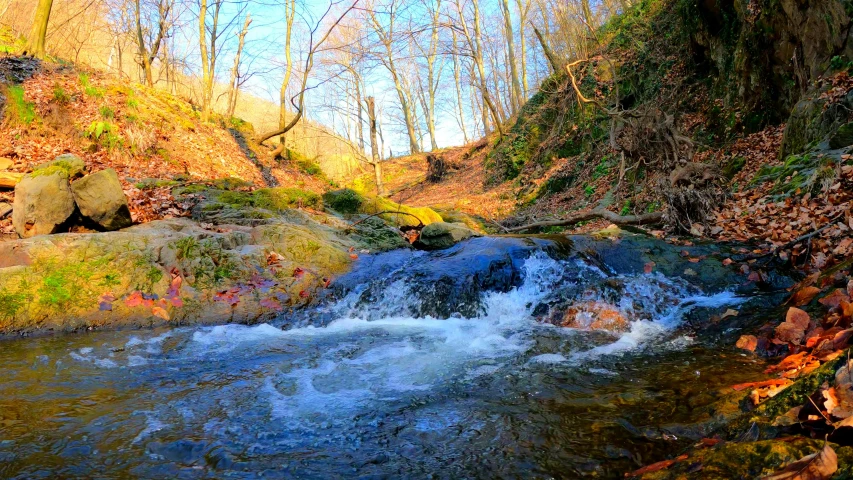 a waterfall in the middle of autumn with fall colored leaves