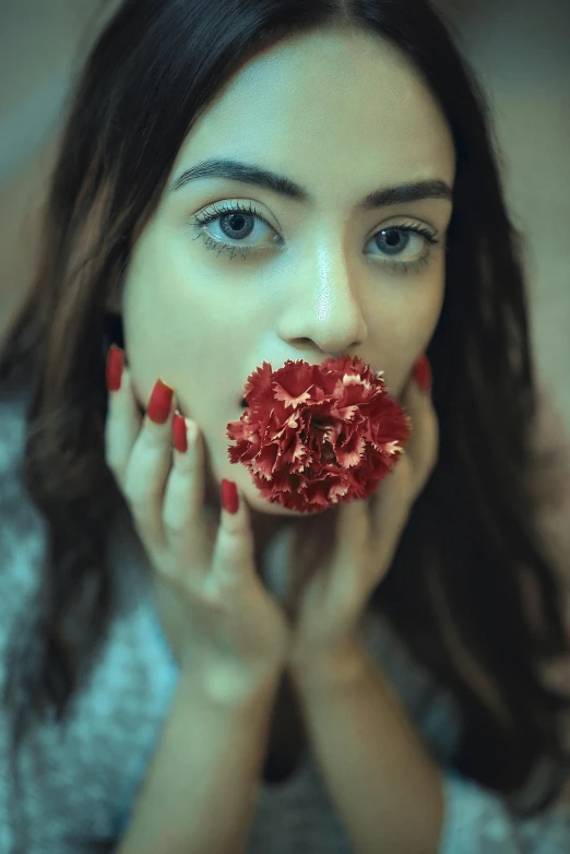 a woman is holding a red flower to her face