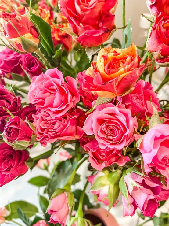 this is pink and orange flowers in a vase