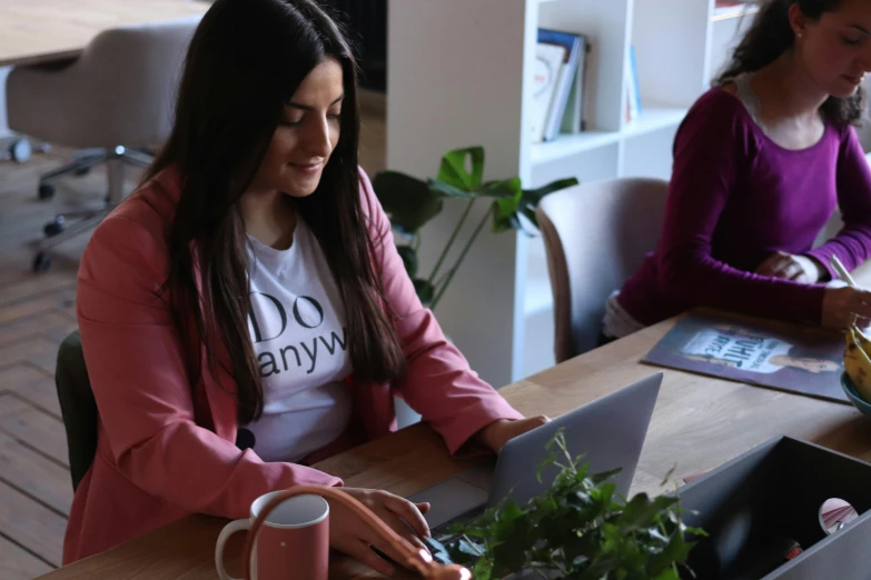 two women on laptops one has a plant and one has fruit