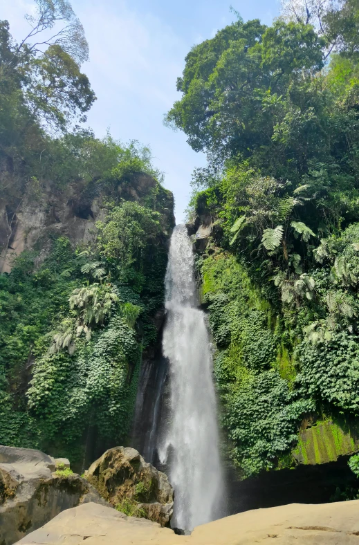 a very large waterfall flowing into the middle of a forest