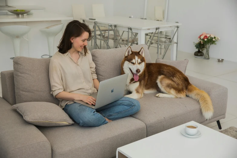 woman on sofa with laptop and dog near by