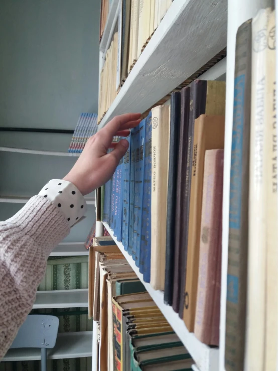 someone reaches for books on the shelf in a liry