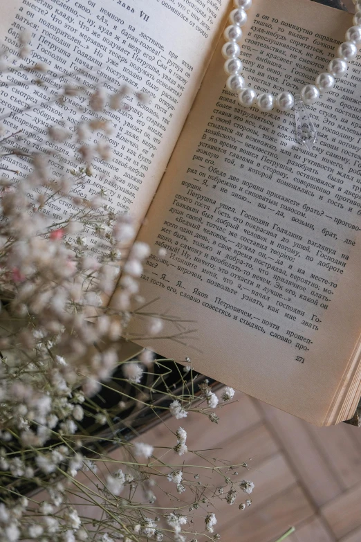 a necklace is laying on an open book