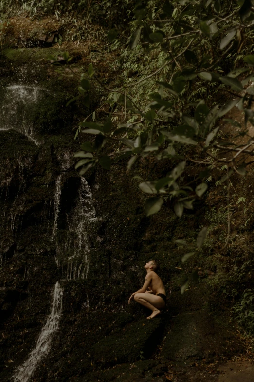 woman sitting near waterfall in forest with trees