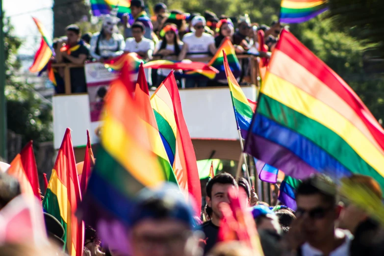 people in a parade holding rainbow - striped flags