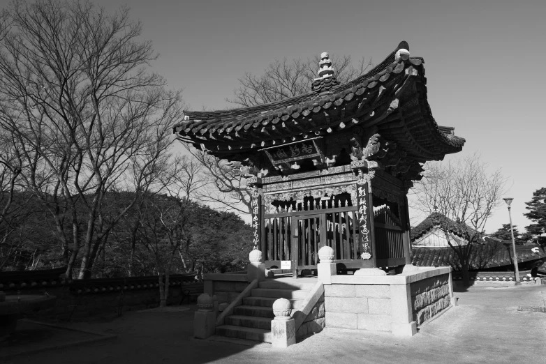 black and white pograph of an asian style building