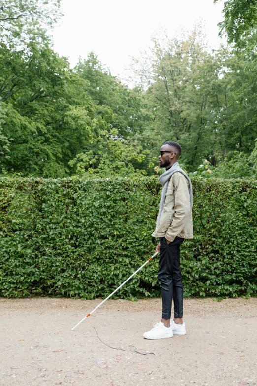 a person that is walking a dog by some bushes