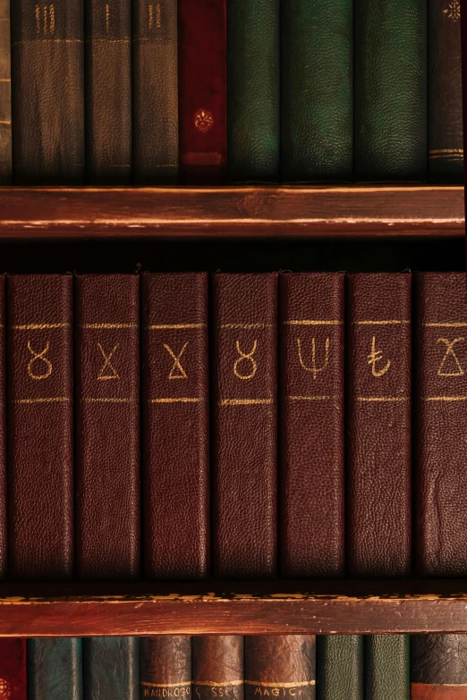 books are on shelves with numbers written in gold