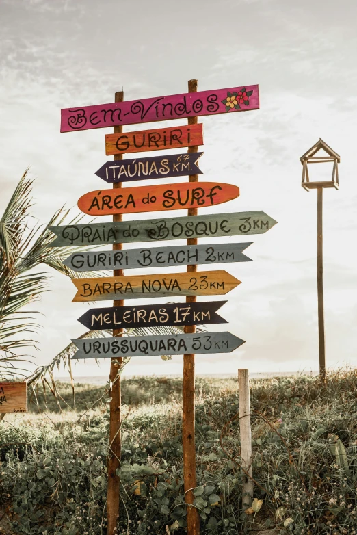 several colorful wood signs points of many different destinations