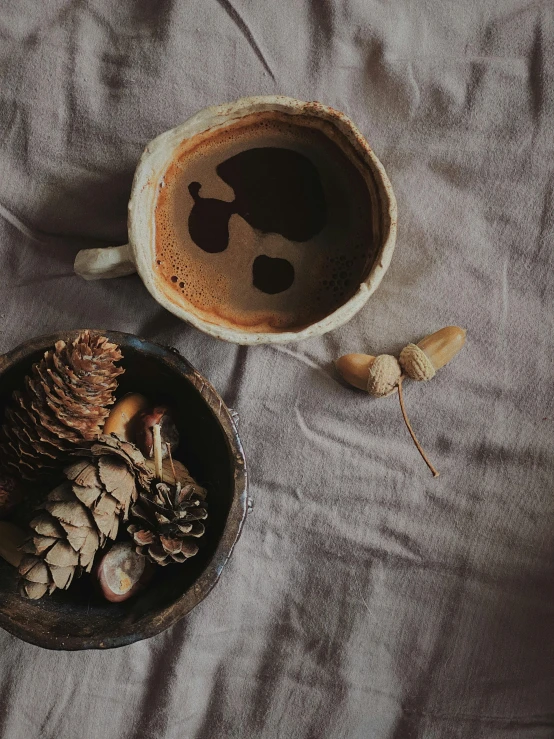 a cup of coffee on top of a bed next to nuts and acorn