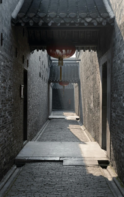 this is a narrow alley way with a umbrella