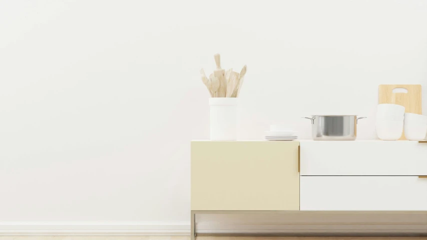 a set of kitchen utensils on a shelf next to a white wall