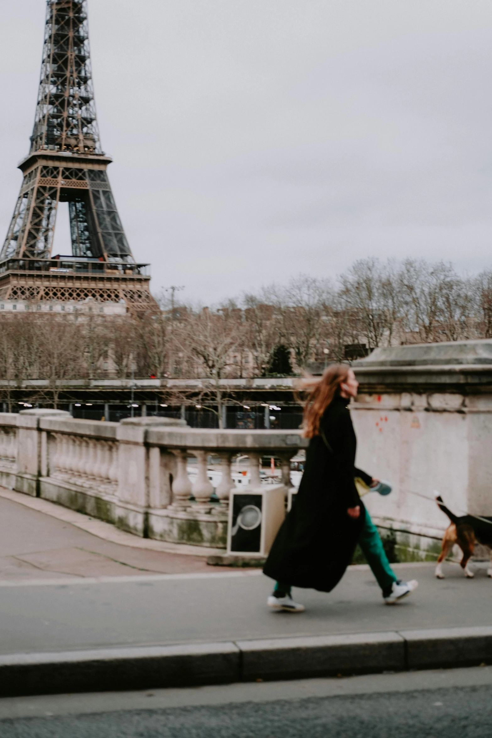 a woman and her dog pass under the eiffel tower