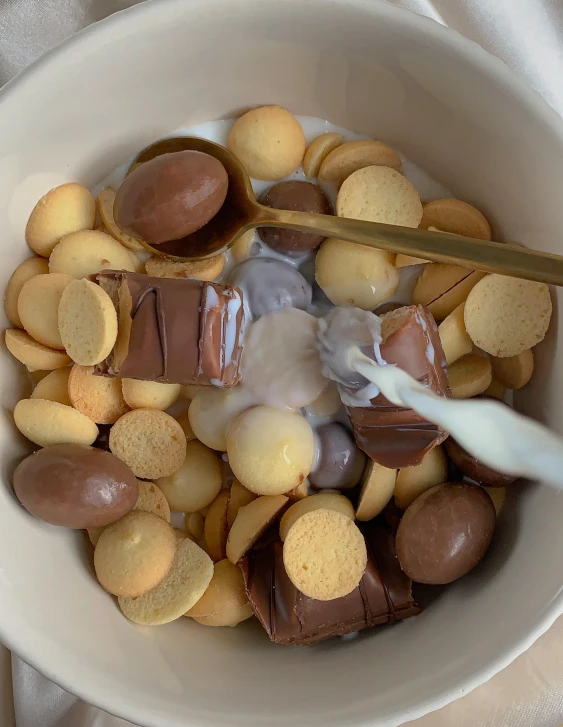 a bowl filled with chocolate, peanut er and ice cream