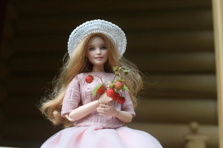 this is a doll in pink dress holding flowers