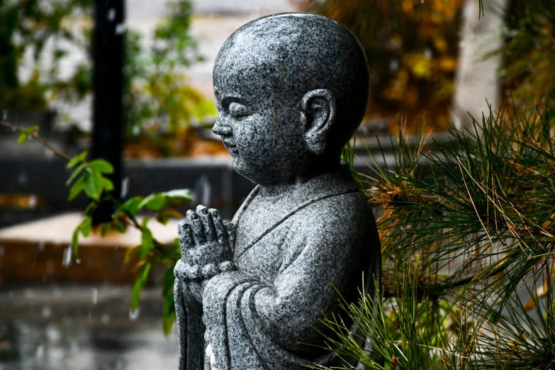 an buddha statue next to a tree in the rain