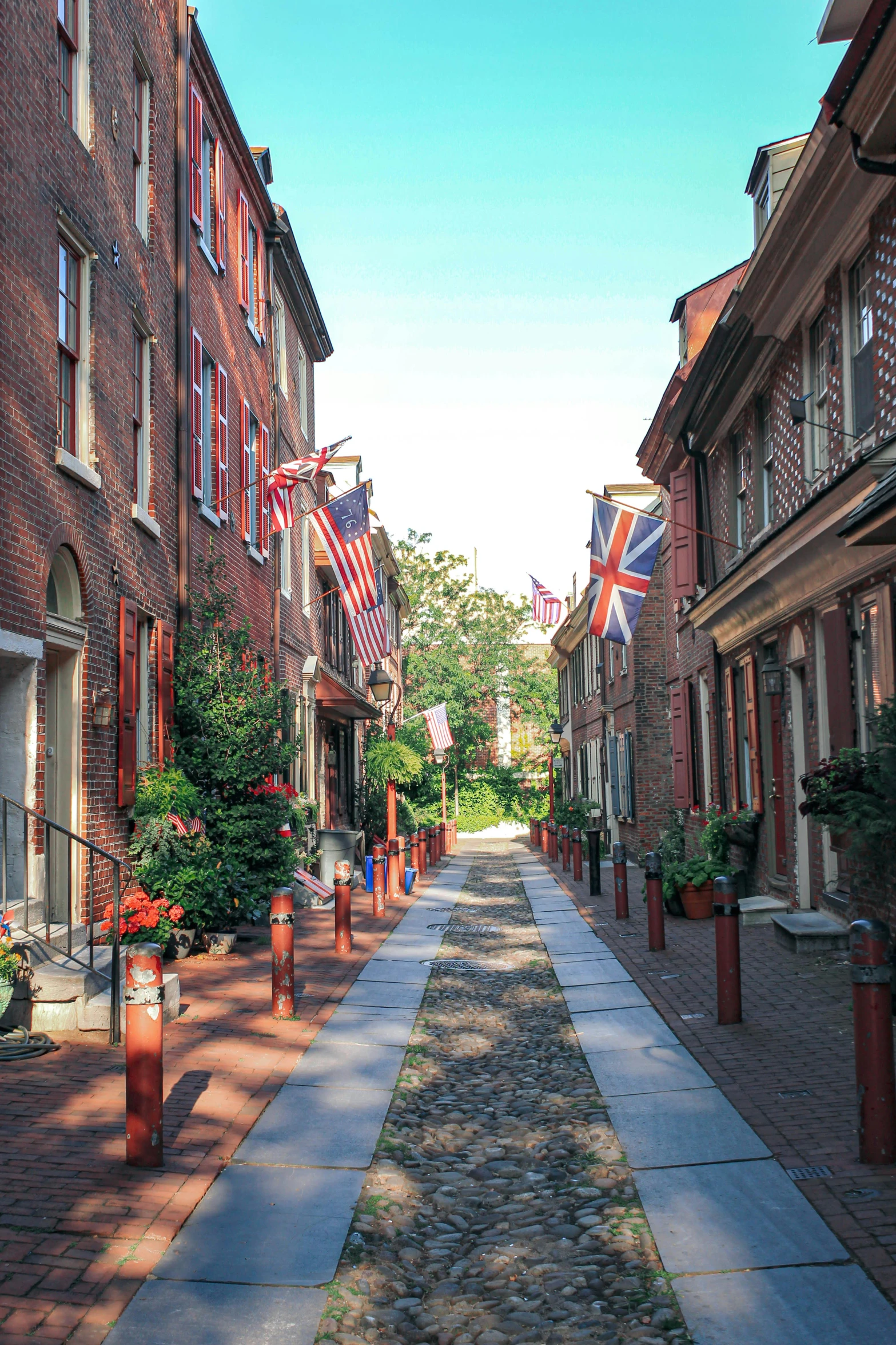 some very pretty brick buildings and flags