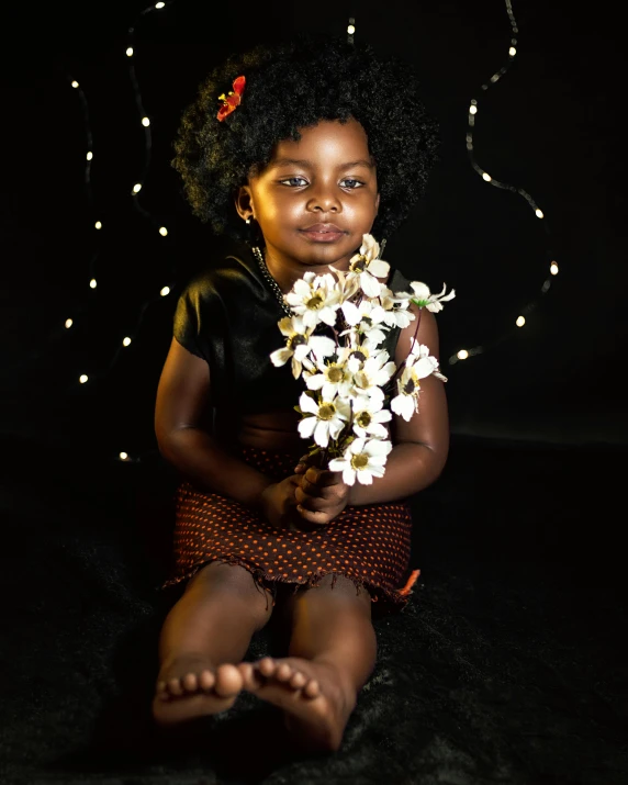  in dress sitting against black background holding small white flowers