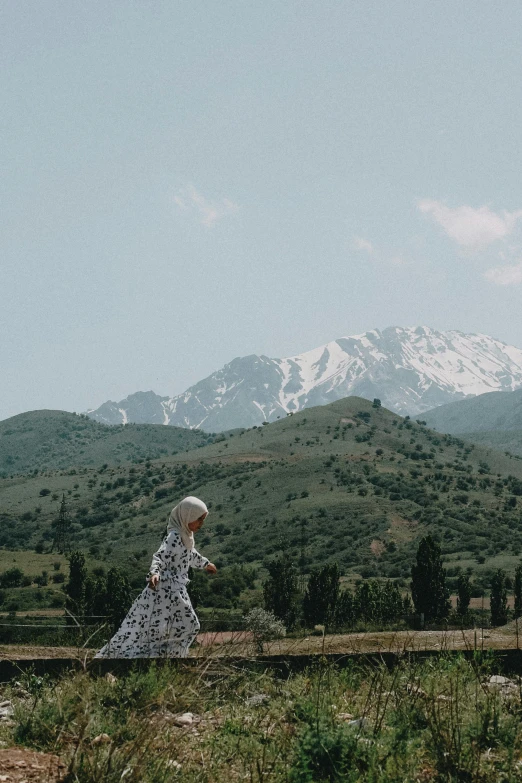 a woman riding a train through a field