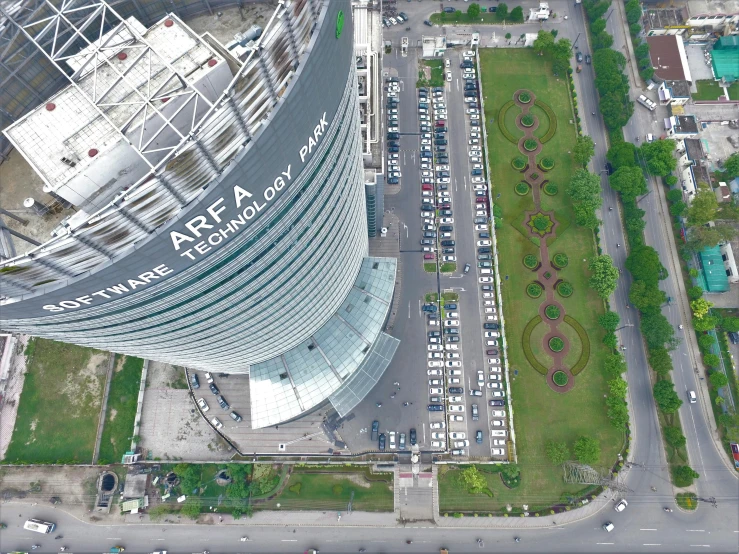 a city area with an overview of a large building