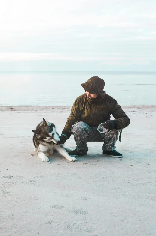 a person sitting in the sand with a dog