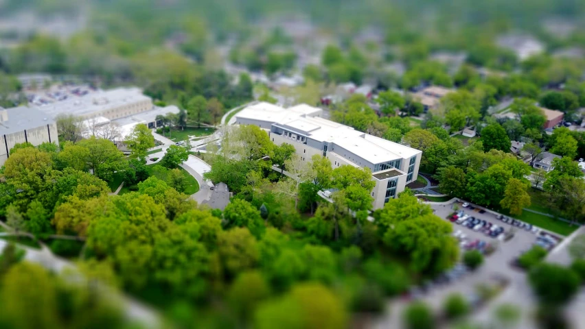 aerial view of a school cam surrounded by trees