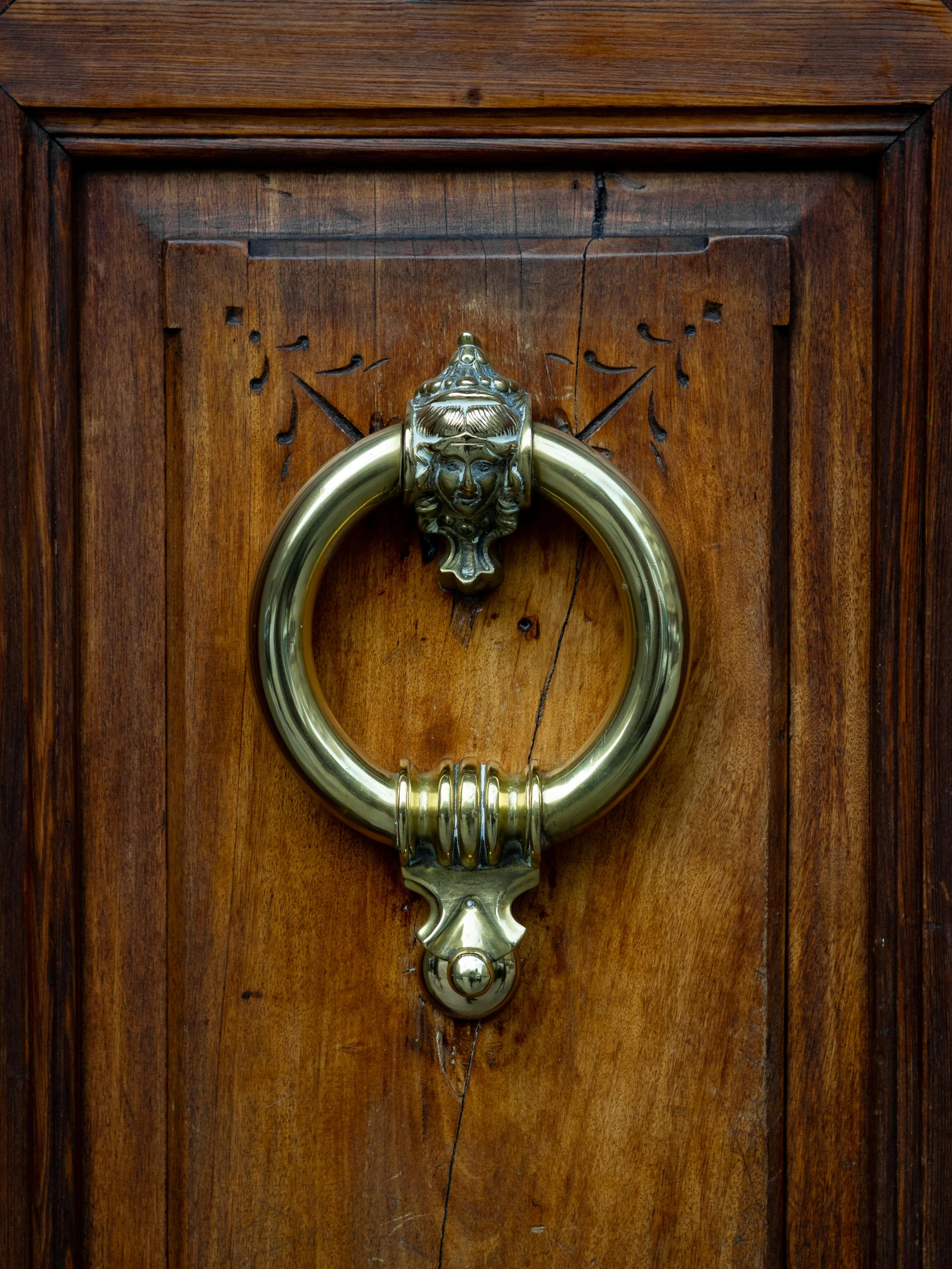 an ornate gold ring shaped handle on the wooden door