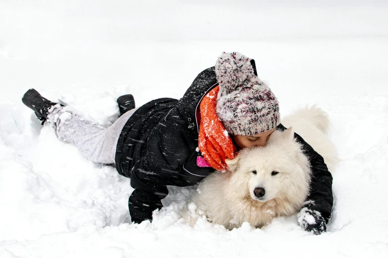 a child and his dog playing in the snow