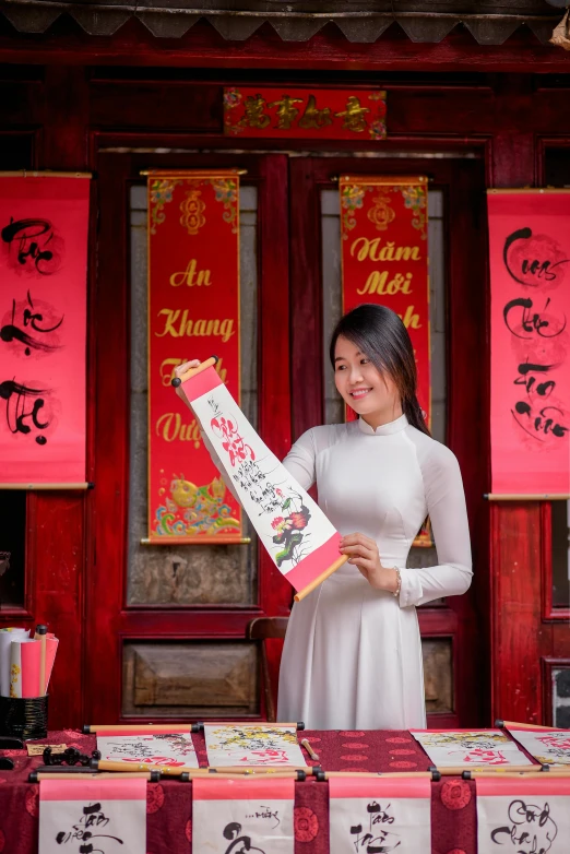 a lady with a lot of gifts in front of her