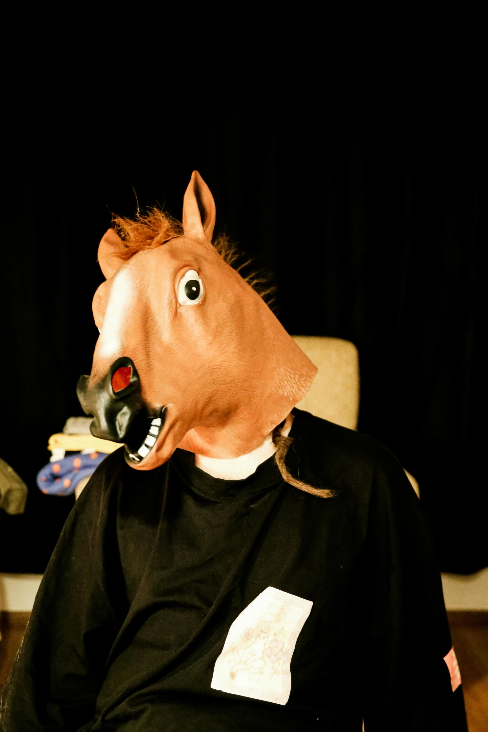 a horse mask wearing a black shirt with white letters