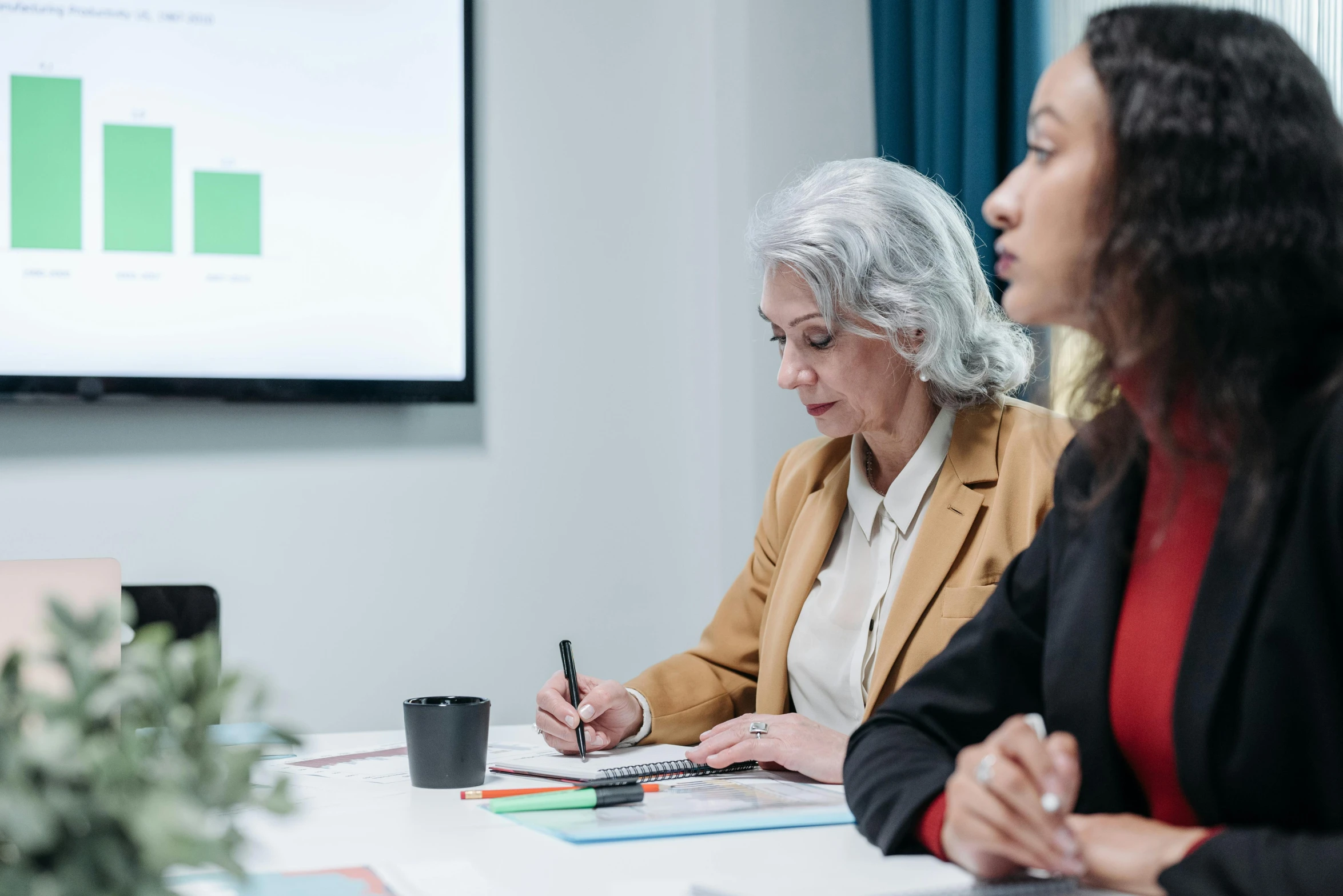 two women in a business meeting in front of a tv