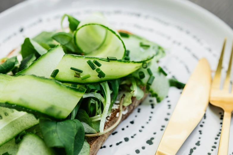 a plate with an open face sandwich with cucumbers on it