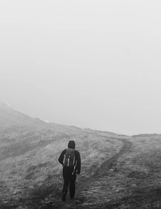 a person walking on the side of a hill in a foggy field