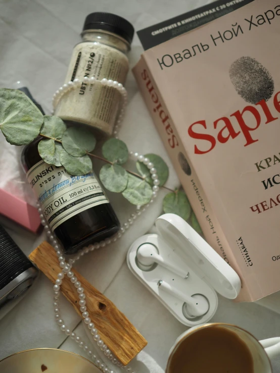 a book and a pair of ear buds next to a plant