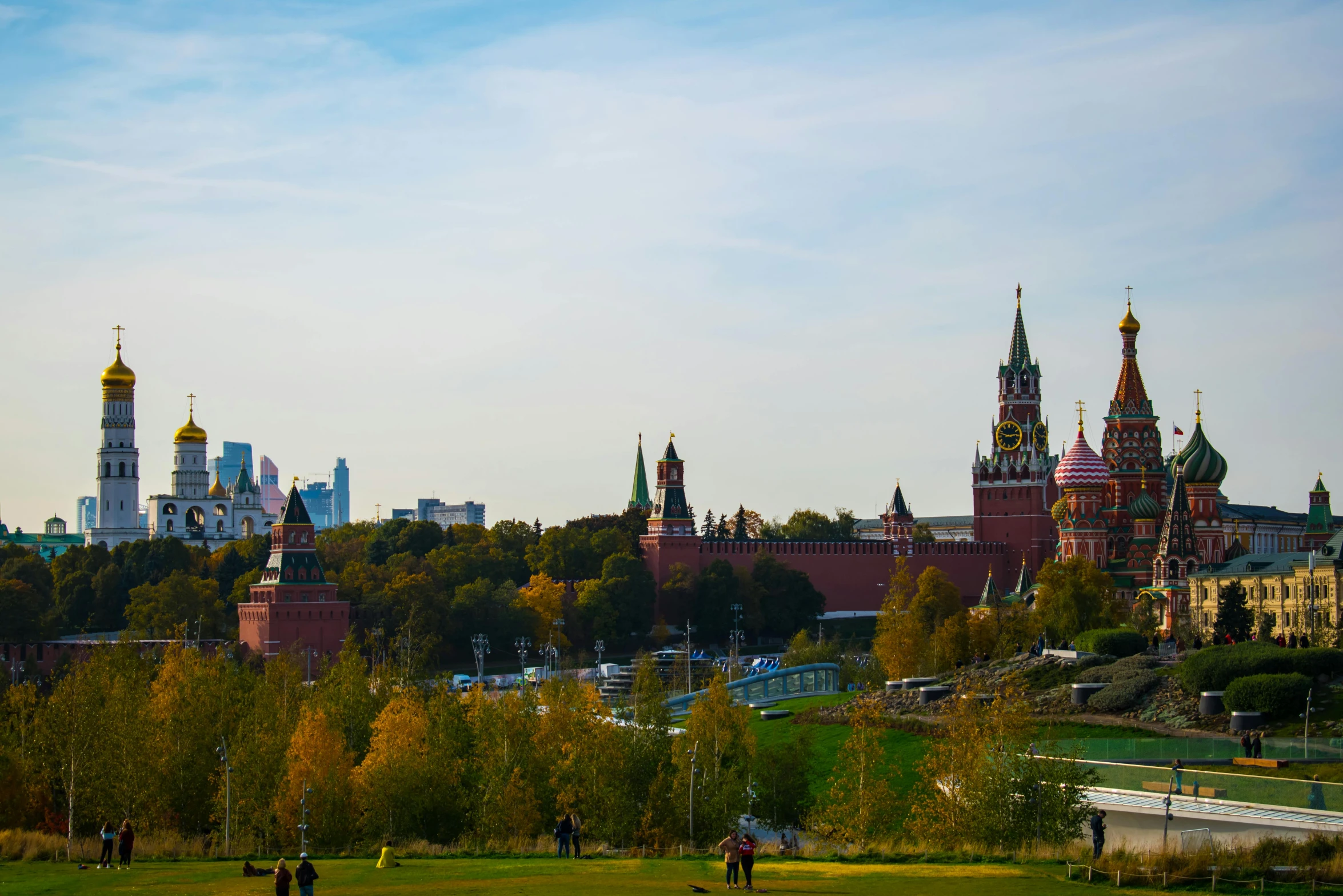 a city skyline and a grassy park with people on it