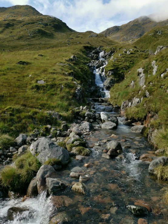 a stream flows through the grass to the shore