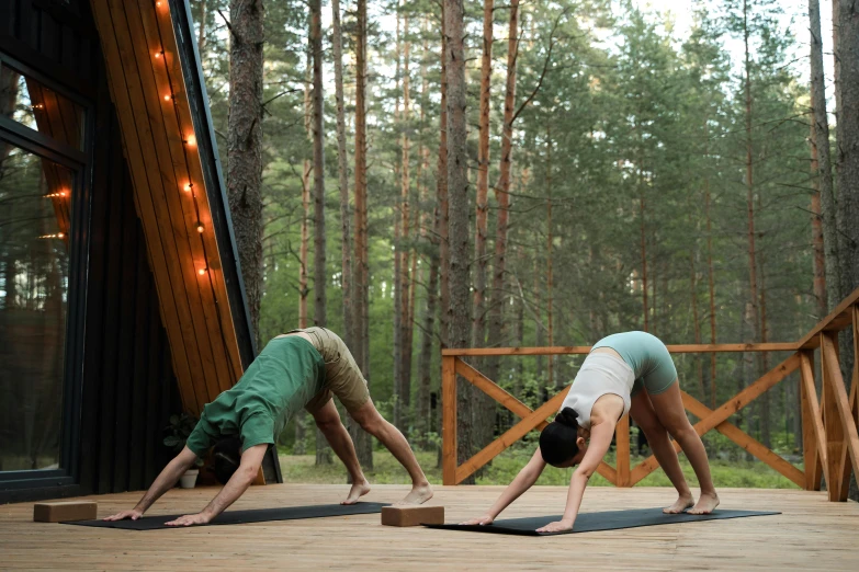 a pair of people who are doing yoga on a deck