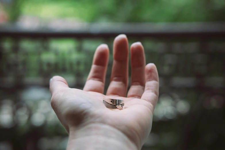 the person is holding in their hand a small gold ring