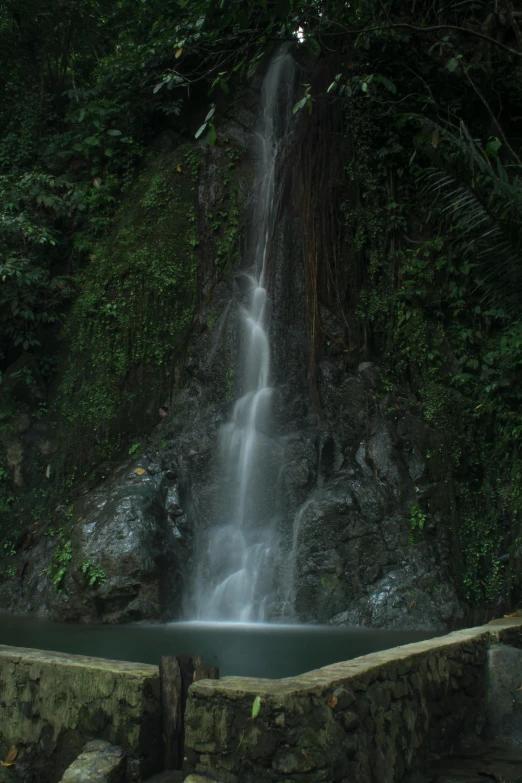 the view of a very tall waterfall in a forest