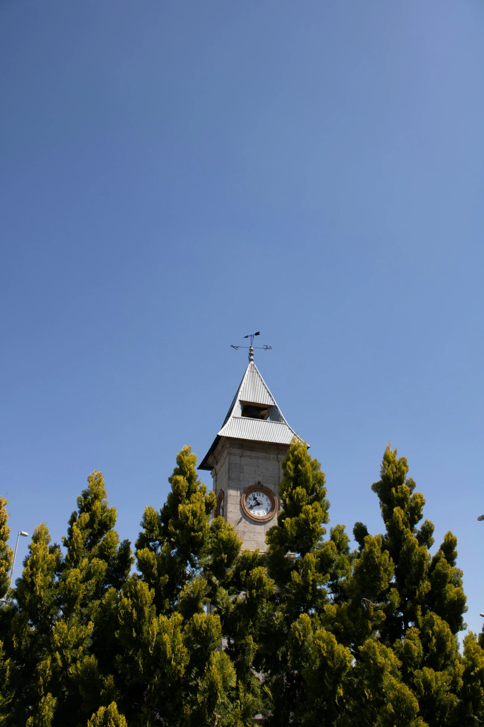 a building with a clock is viewed through some trees