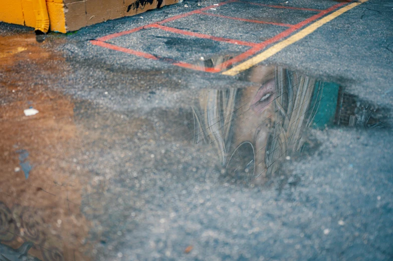 a person's face and umbrella in the reflection of a dle