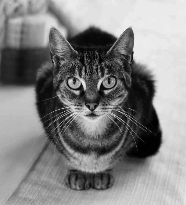 a black and white po of a cat in the floor