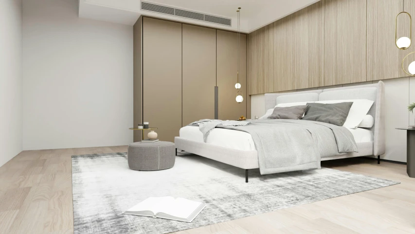 a modern bedroom with a white bed and grey decor