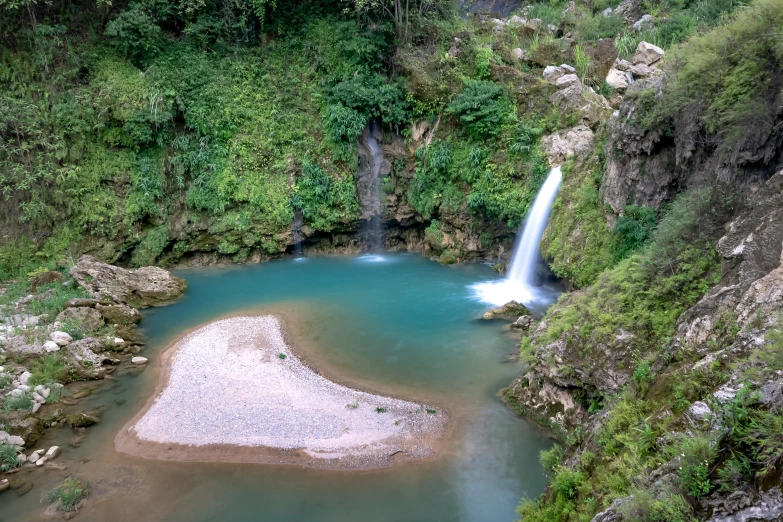 waterfall in the middle of a forest, with blue pool and rocks