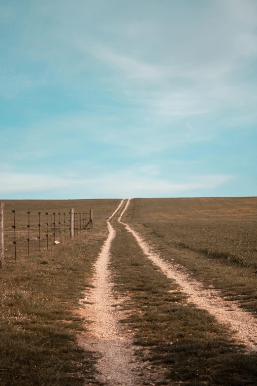 a field with a dirt path and fence