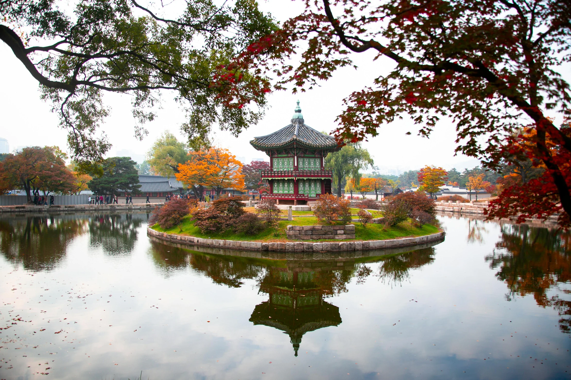 the landscape is beautiful as it appears to have an octagonal building