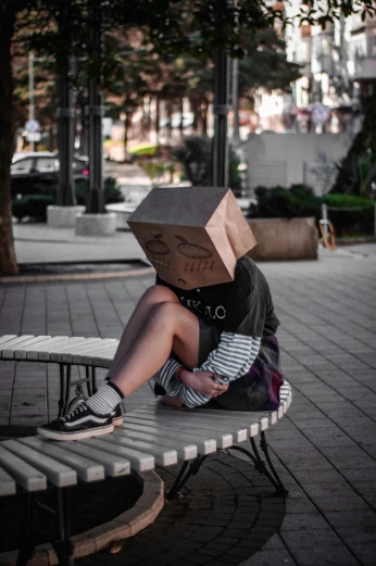 a person sitting on a bench holding a cardboard bag over their head