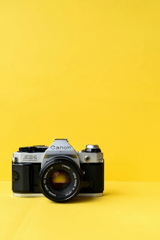 a camera and its lens sitting on a yellow surface