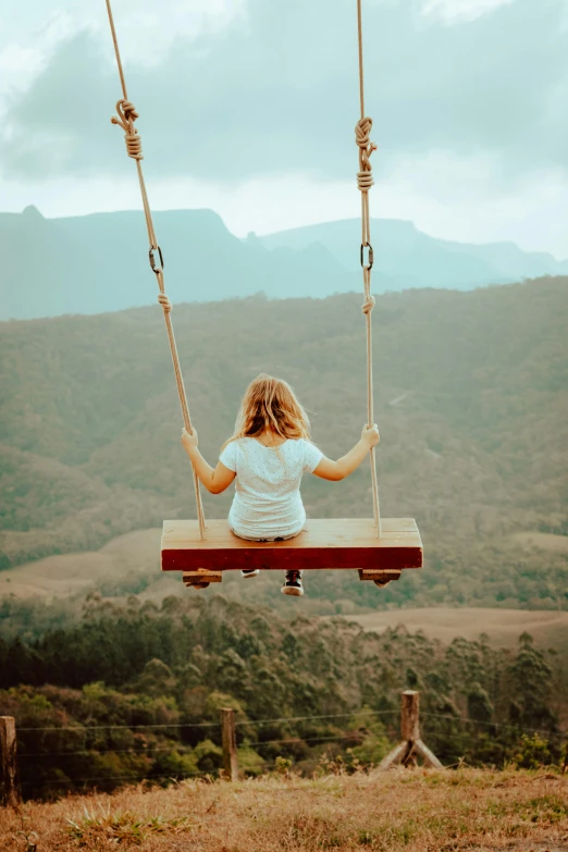 a girl sitting on a wooden swing in a field